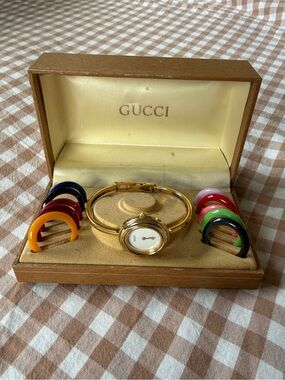 Vintage Gucci Bezel Watch Gold Bangle Watch with Interchangeable Color Rings